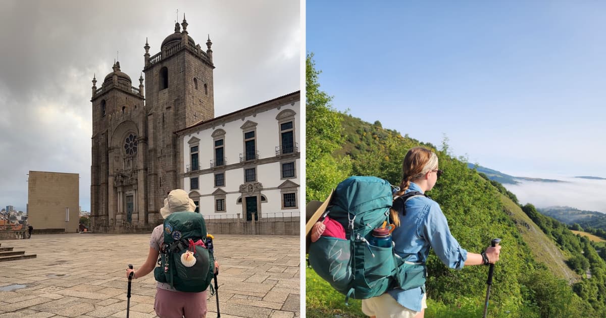 Collage with a Camino Mikala looking away from the camera at the cathedral in Porto about to start the Camino Portugués and then Mikala looking out at the mountains on the Camino Francés