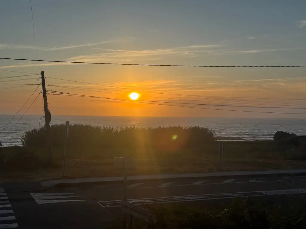 Sunset over the water with some bushes, a road, and power line in front in Viladesuso along the Camino Portugués Coastal route.
