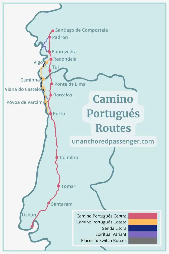 Map showing the various main Camino Portugués routes, including the Central route from Lisbon all the way up to Santiago de Compostela, the Coastal route starting in Porto, the Senda Litoral sections off the Coastal route that more closely hug the coast, the Spiritual Variant, and a few points where you can cross from one route to another.