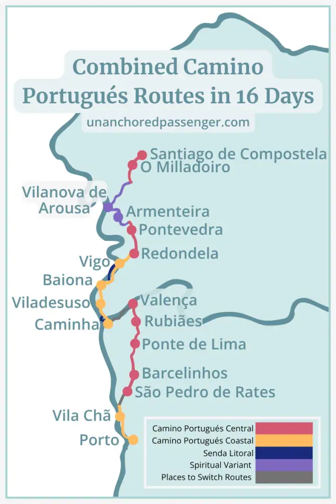 Map showing a 16-day itinerary combining various Camino routes: starting with the Coastal from Porto to Vila Chã, then switching to the Central for São Pedro de Rates to Valença, then back to the Coastal for Caminha to Redondela before taking the Spiritual Variant then continuing on to Santiago de Compostela.