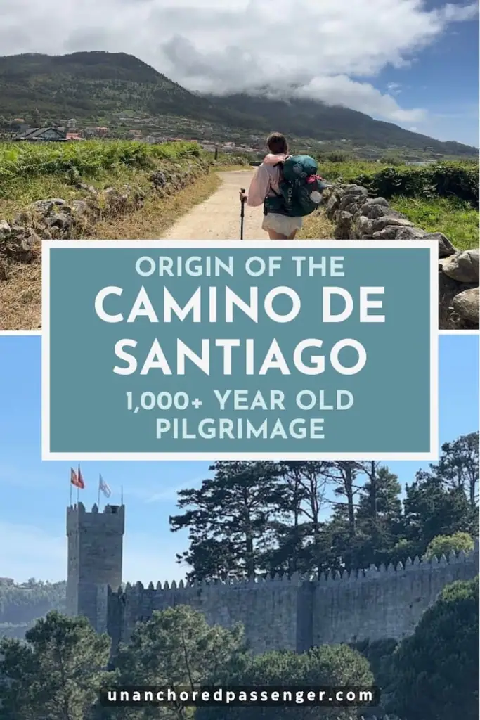 Collage with text that says, "Origin of the Camino de Santiago 1,000+ Year Old Pilgrimage" and an image of a hiker looking away from the camera down a path along the coast with a mountain in the distance and an image of a medieval fortress.