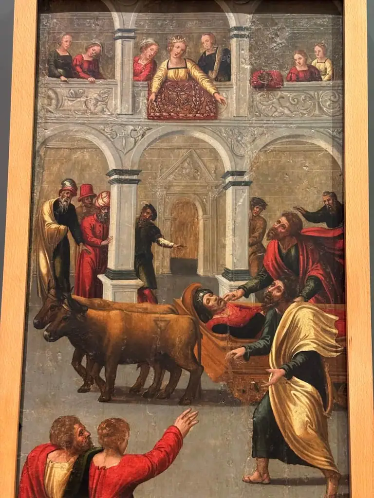 16th century painting showing Queen Lupa watching the procession of the body of Saint James in the Museum of Pilgrimage and Santiago in Santiago de Compostela.