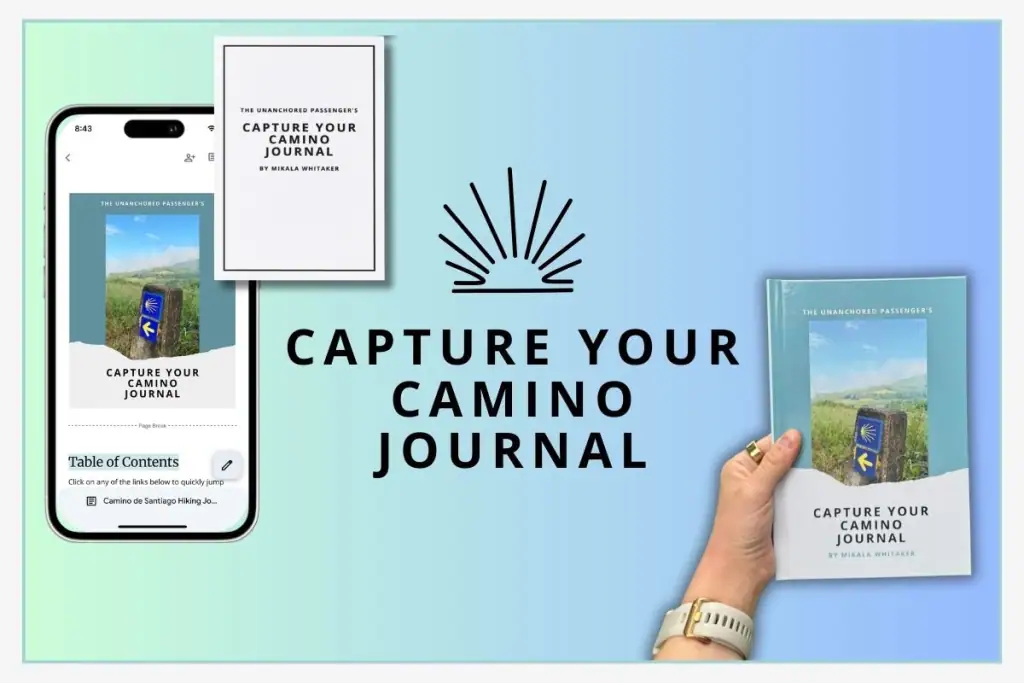 Graphic that says "Capture Your Camino Journal," has a Camino shell icon, and shows all three versions of the journal: digital/mobile, print at home, and professionally printed hardback.