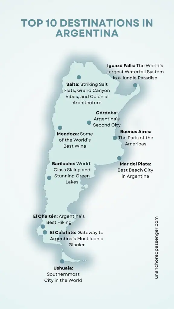 Map of Argentina that says, "Top 10 Destinations in Argentina" and shows Salta, Iguazú Falls, Córdoba, Mendoza, Buenos Aires, Mar del Plata, Bariloche, El Chaltén, El Calafate, and Ushuaia.