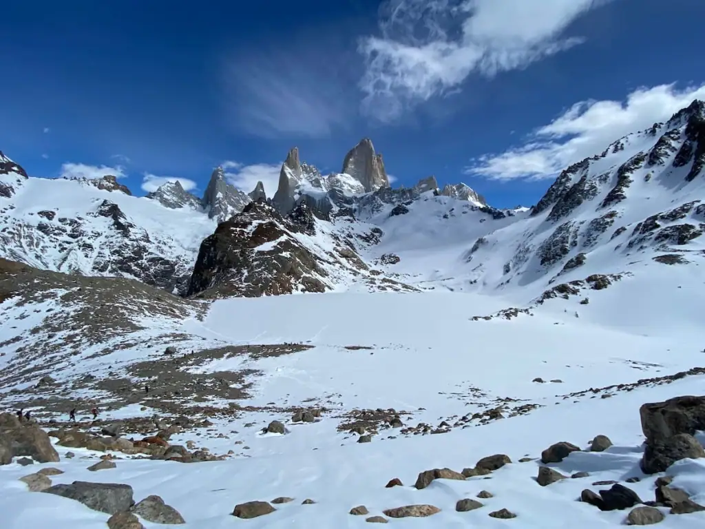 Snowy valley with hikers approaching the iconic jagged peaks of Mount Fitz Roy under a vivid blue sky.