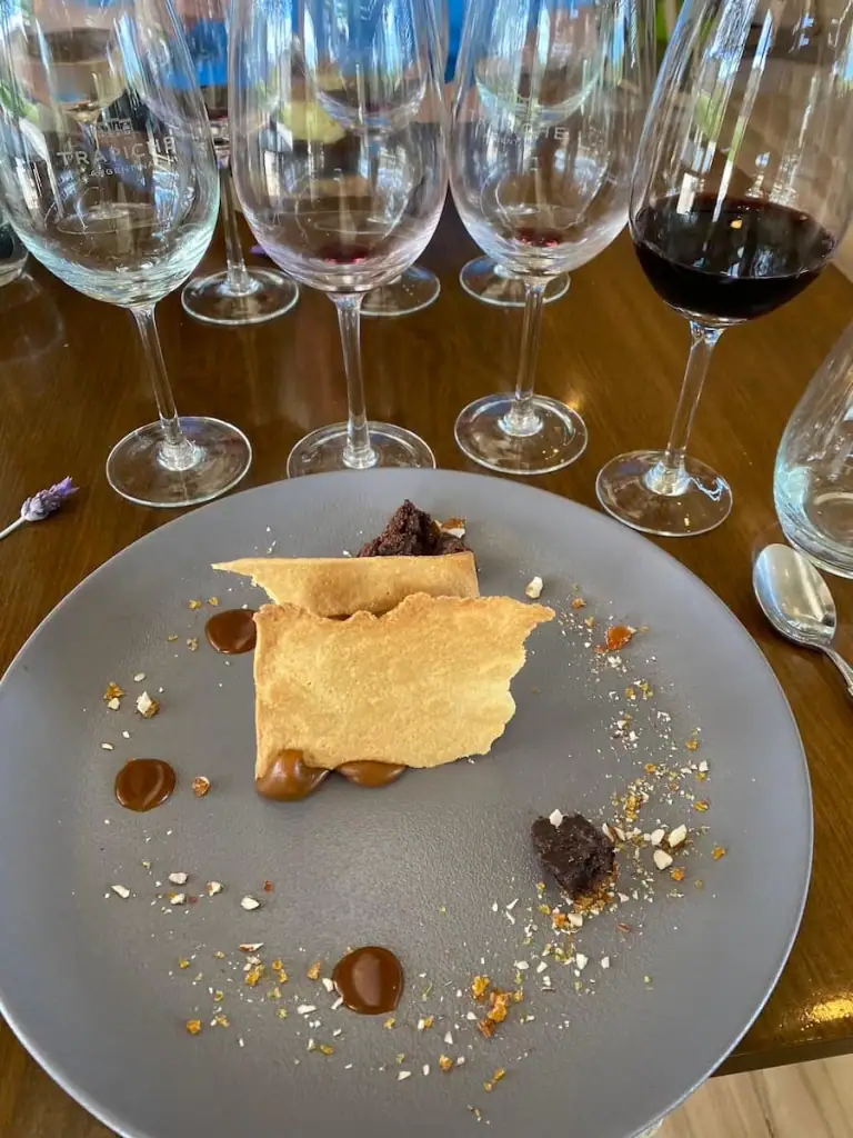 Gourmet dulce de leche dessert plated with delicate caramel dots, pastry shards, and chocolate crumbles, surrounded by empty and partially filled wine glasses at Trapiche Winery in Mendoza.