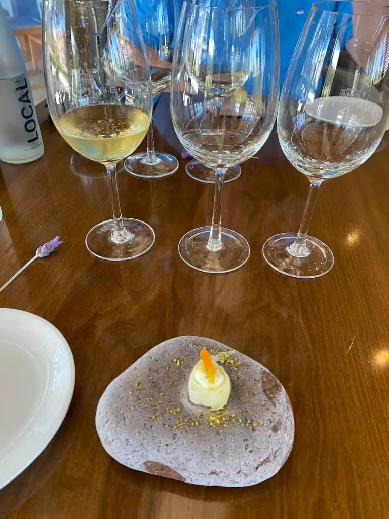 Palate cleanser served on a natural stone, paired with white wine in elegant glasses at a wine tasting at Trapiche Winery in Mendoza. This was one of my favorite things I did during my visit to Mendoza.
