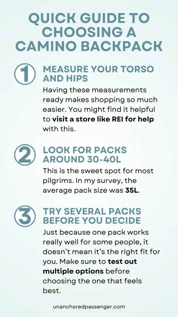 Infographic titled “Quick Guide to Choosing a Camino Backpack” with three tips for Camino de Santiago backpack selection. It recommends measuring your torso and hips, choosing a pack between 30-40L, and trying multiple packs to find the best fit.