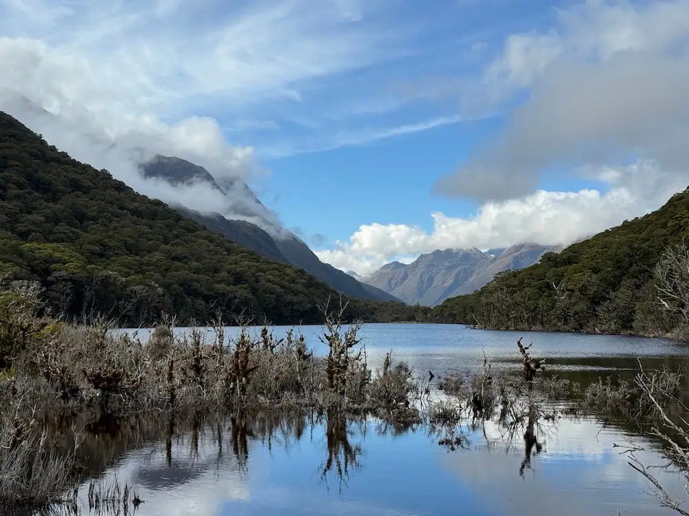 Still Lake Howden framed by forested mountains and low clouds reflecting on the water along the Routeburn Track. Bare tree trunks rise from the water, adding to the quiet alpine scenery.