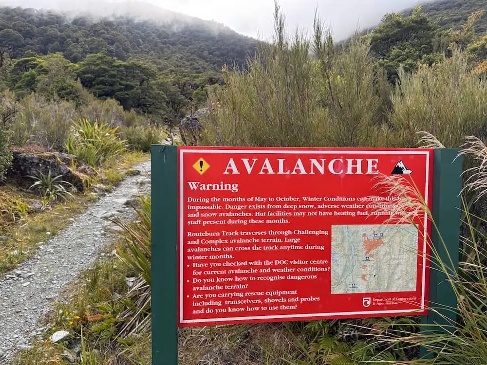 Red avalanche warning sign beside a forest trail on the Routeburn Track surrounded by tall grasses and misty trees. The sign reads "AVALANCHE Warning" and provides winter safety information for hikers crossing alpine terrain.