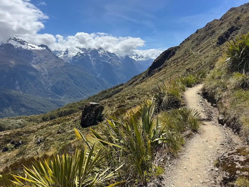 Narrow dirt trail winding along a steep mountainside with alpine grasses and rugged peaks in the distance on the Routeburn Track. Snow capped mountains rise beyond the valley under scattered clouds.