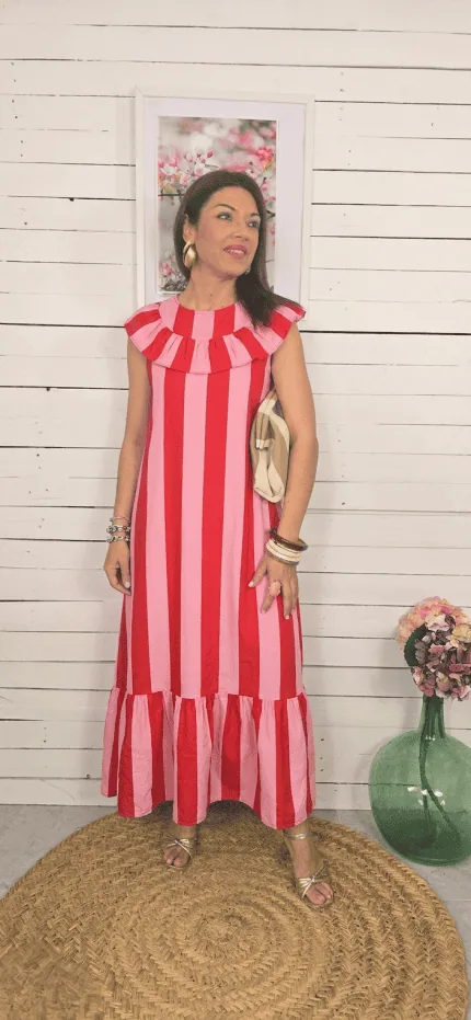 Vestido Marsella rojo y rosa