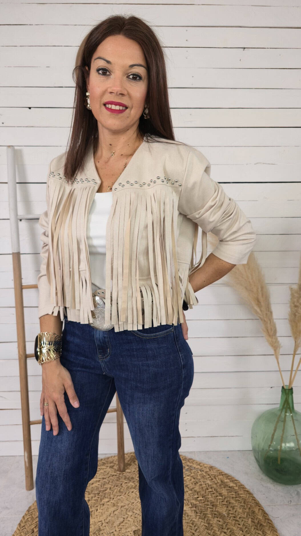 Chaqueta flecos tachas beige - Imagen 5