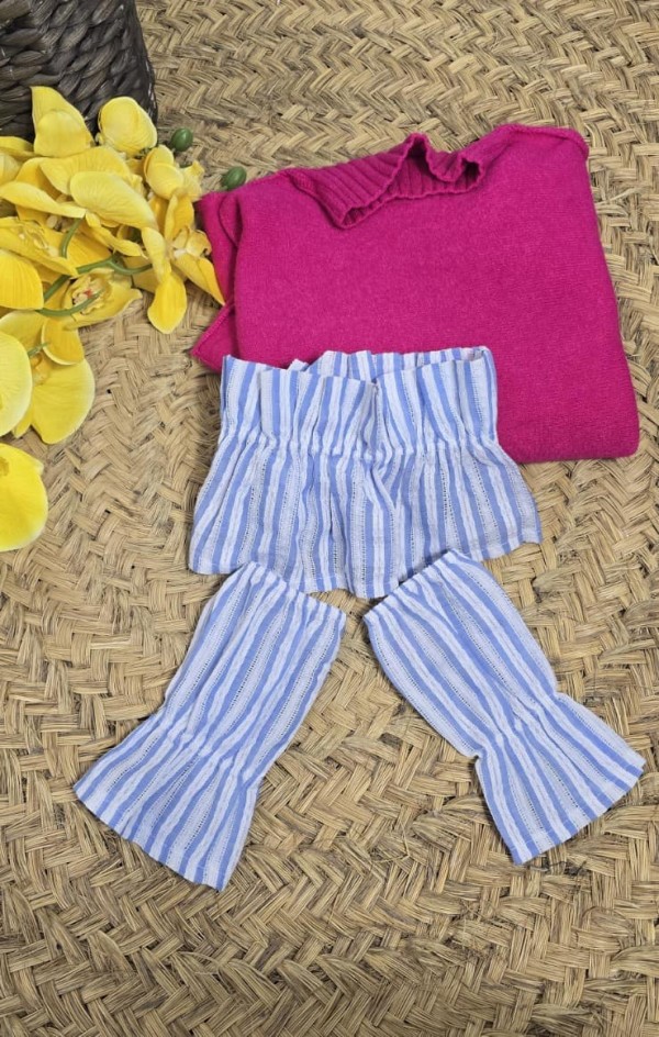 Conjunto de cuellos y puños rayas celeste