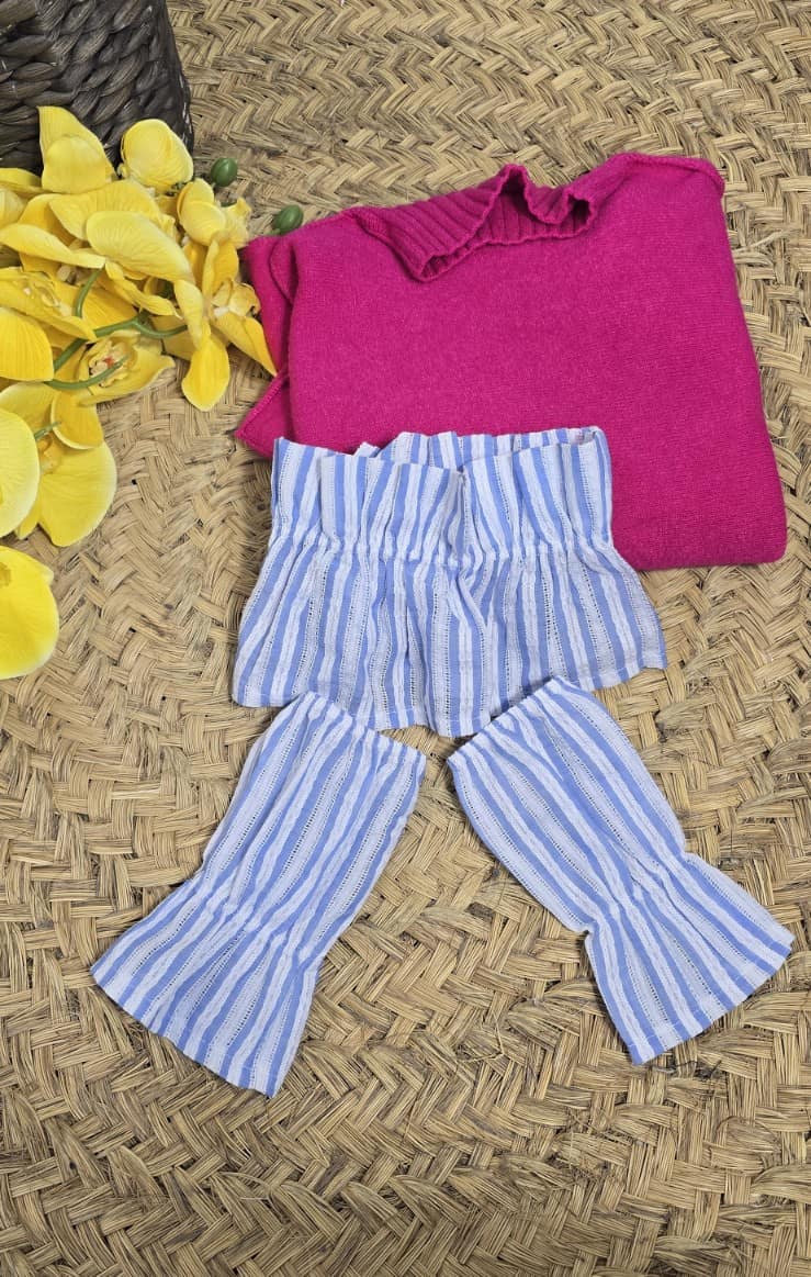 Conjunto de cuellos y puños rayas celeste