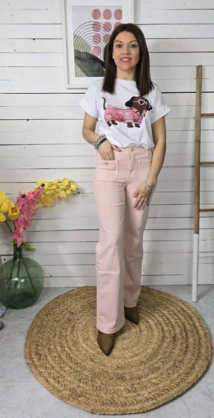 Jeans elástico bosillos rosa