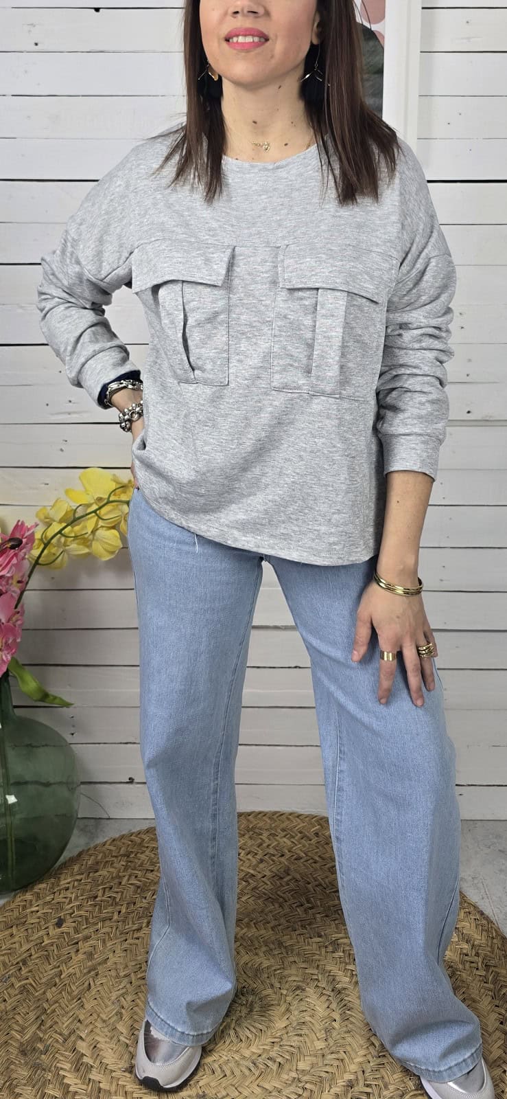 Sudadera  algodón bolsillos gris - Imagen 2