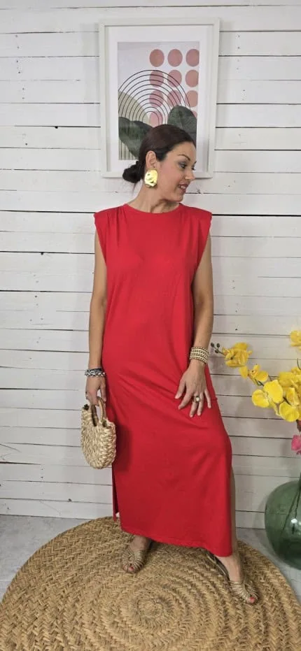 Vestido hombreras liso rojo