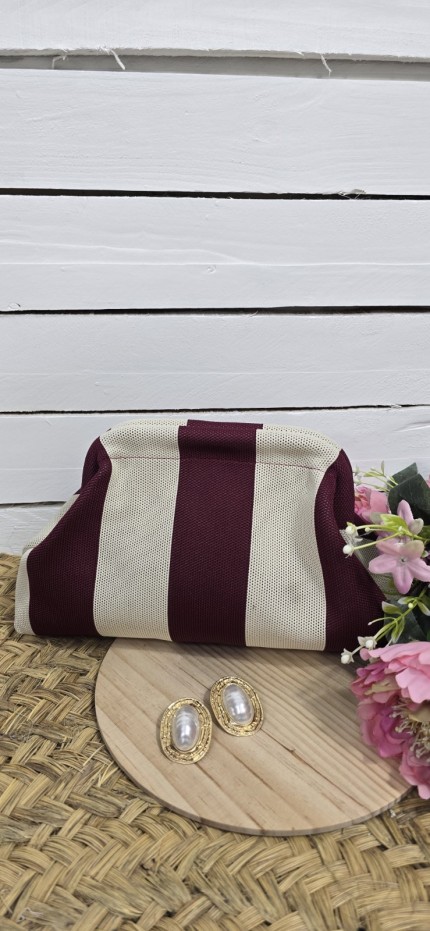 bolso cluch aurea rayas beige y burdeos