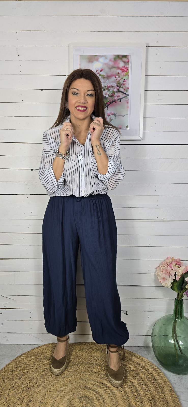 Camisa raya seda blanco y marino