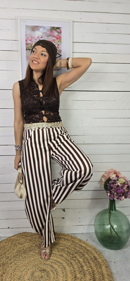 Pantalón ballón mil rayas blanco y choco