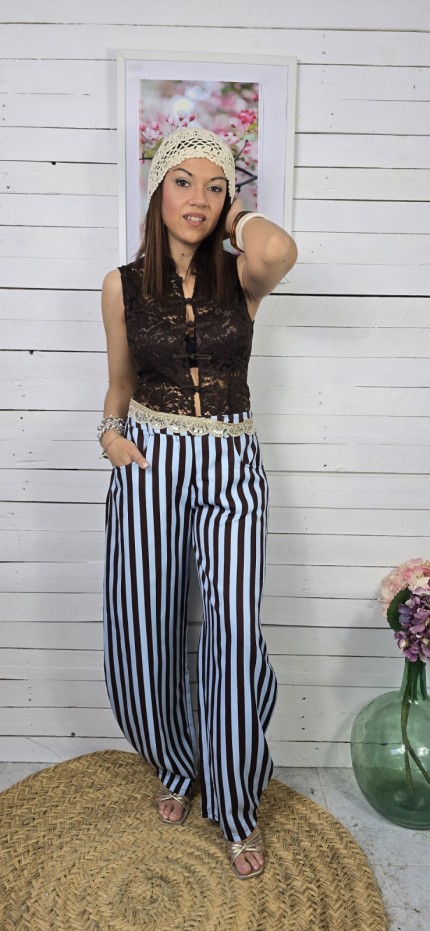 Pantalón ballón mil rayas celeste y choco