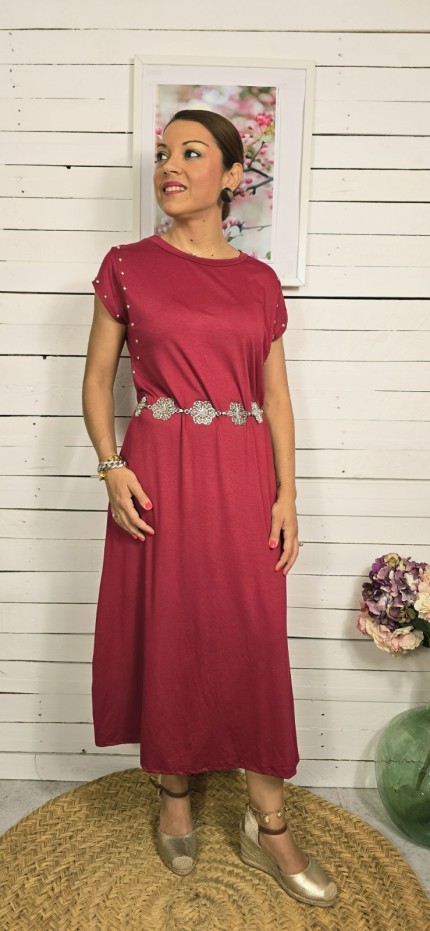 Vestido algodón tachuelas burdeos