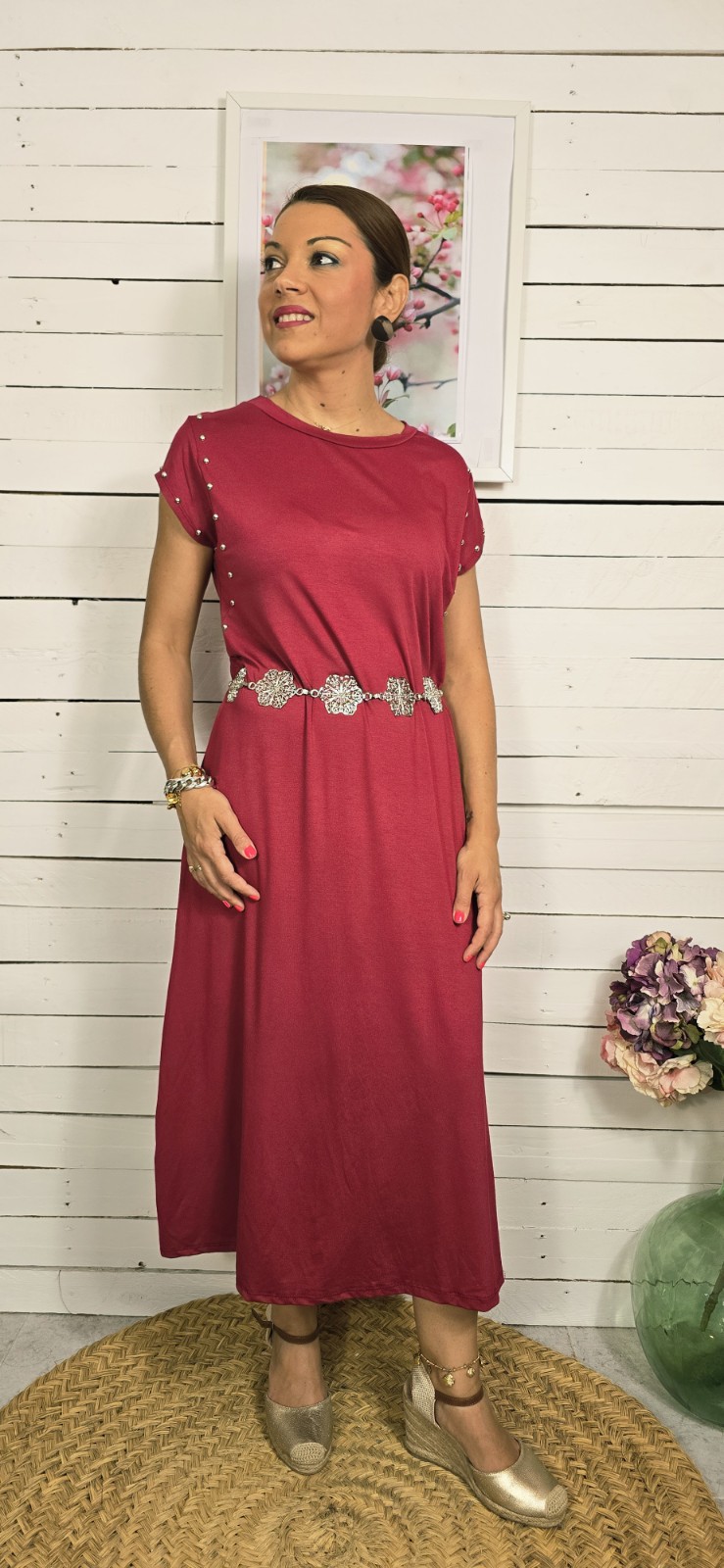 Vestido algodón tachuelas burdeos