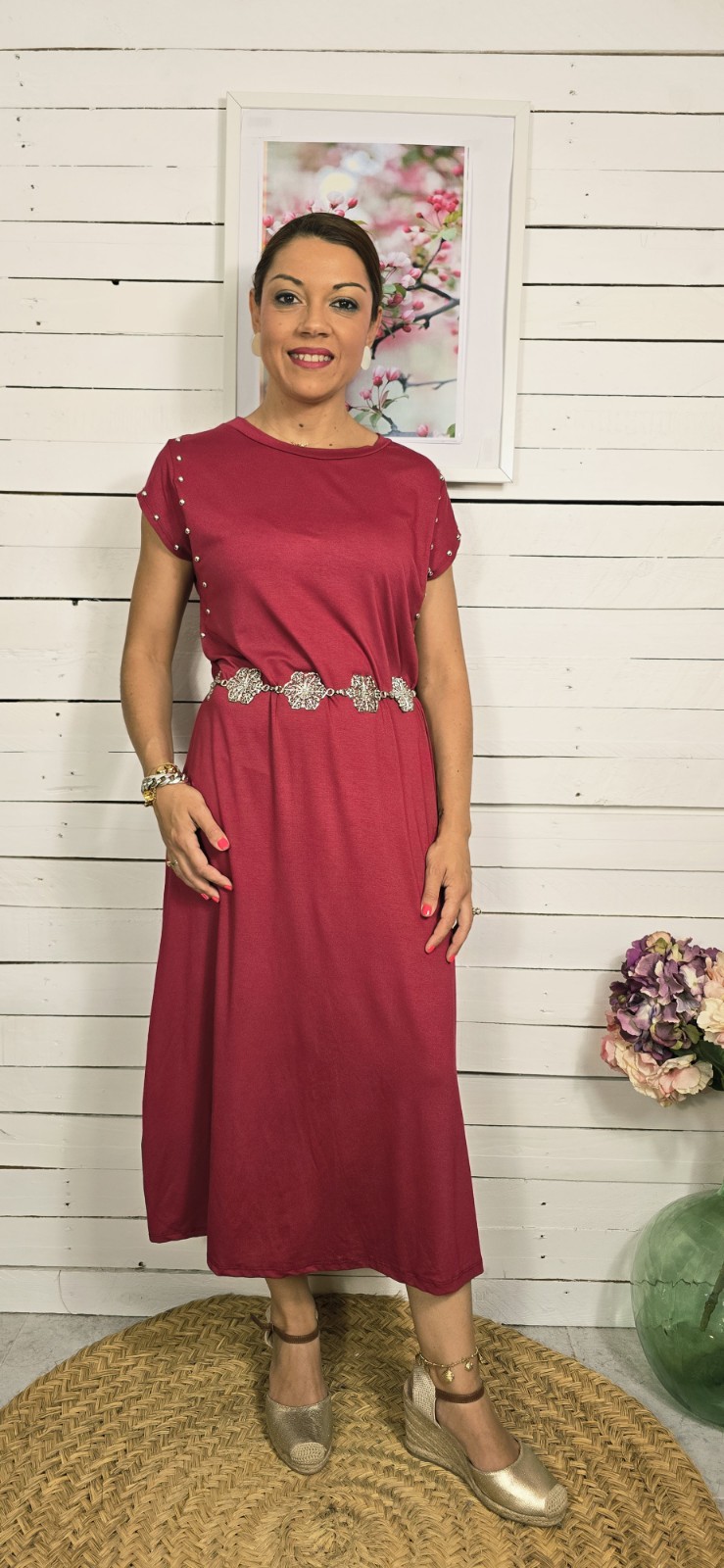 Vestido algodón tachuelas burdeos - Imagen 4