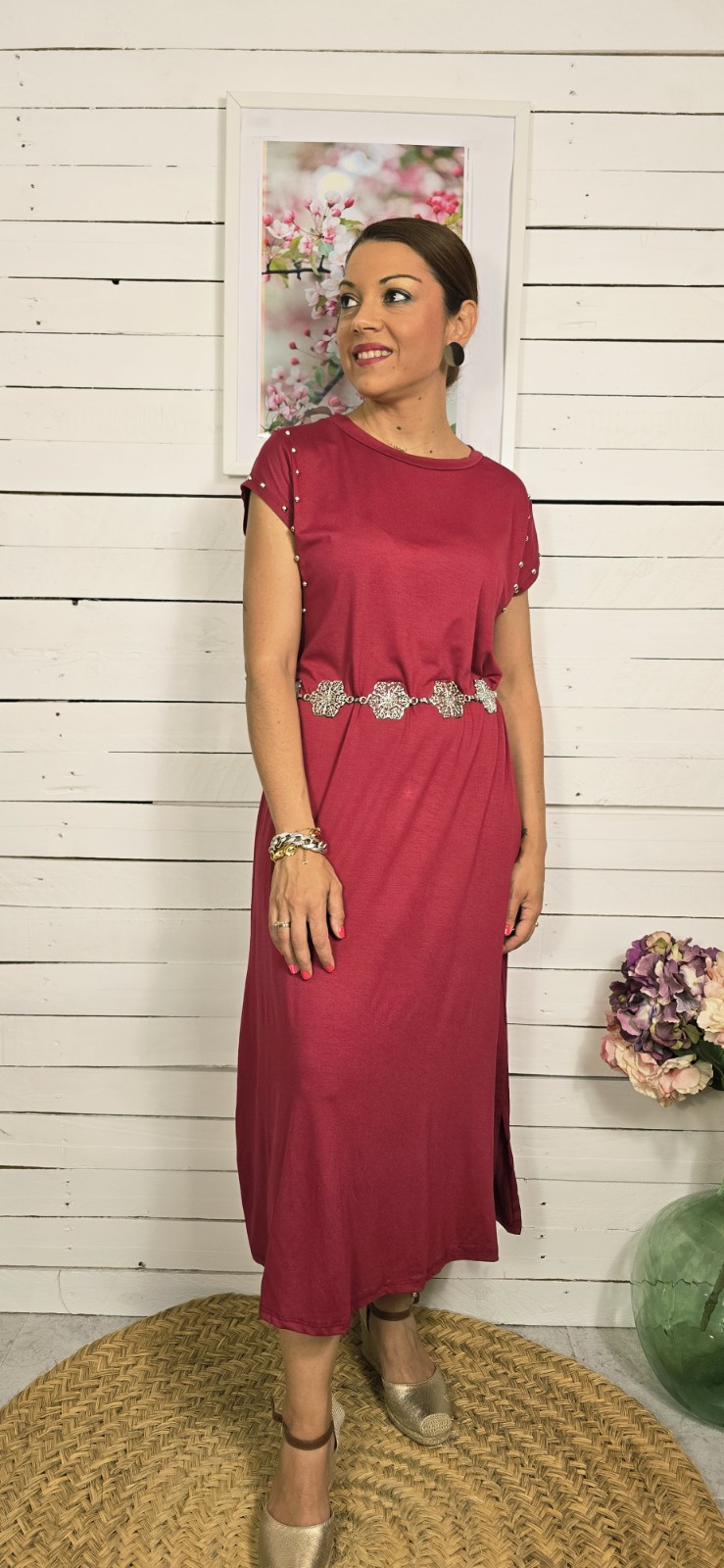 Vestido algodón tachuelas burdeos - Imagen 3