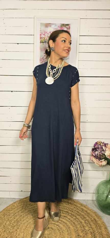Vestido algodón tachuelas marino