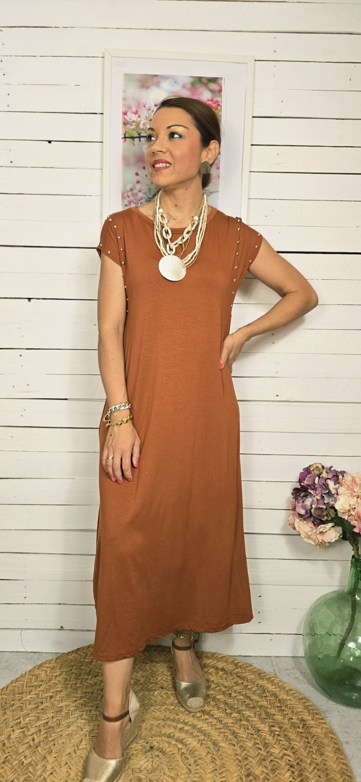 Vestido algodón tachuelas terracota - Imagen 3