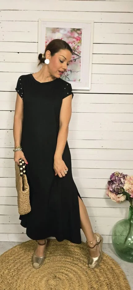 Vestido algodón tachuelas negro