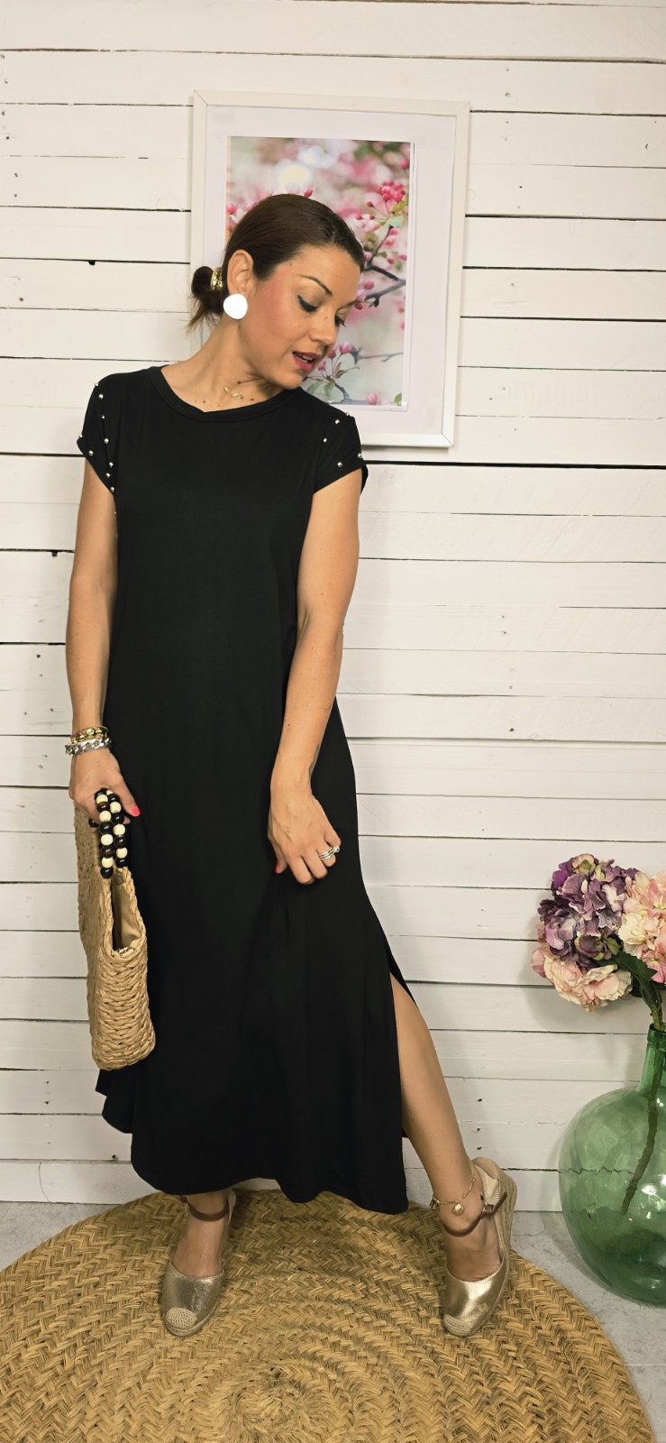 Vestido algodón tachuelas negro