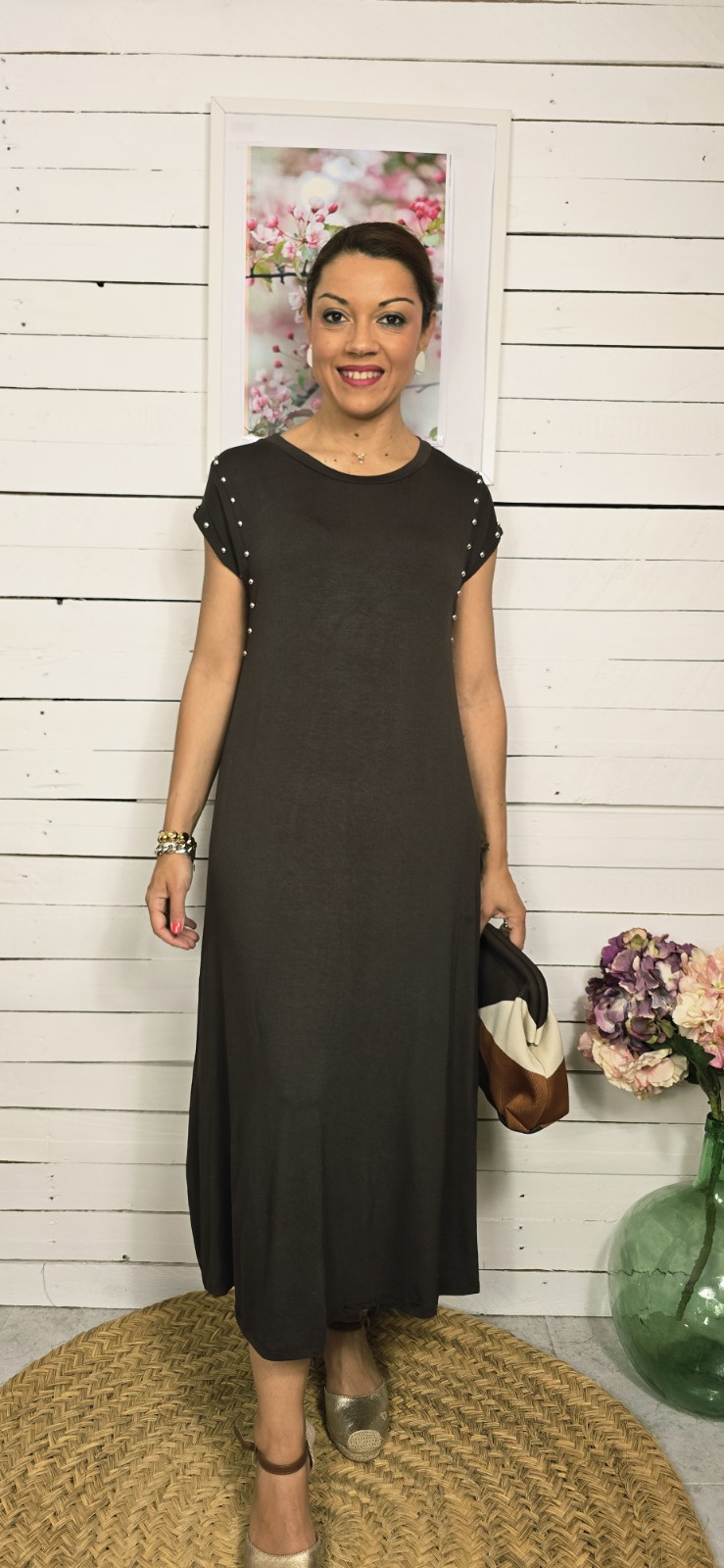 Vestido algodón tachuelas choco