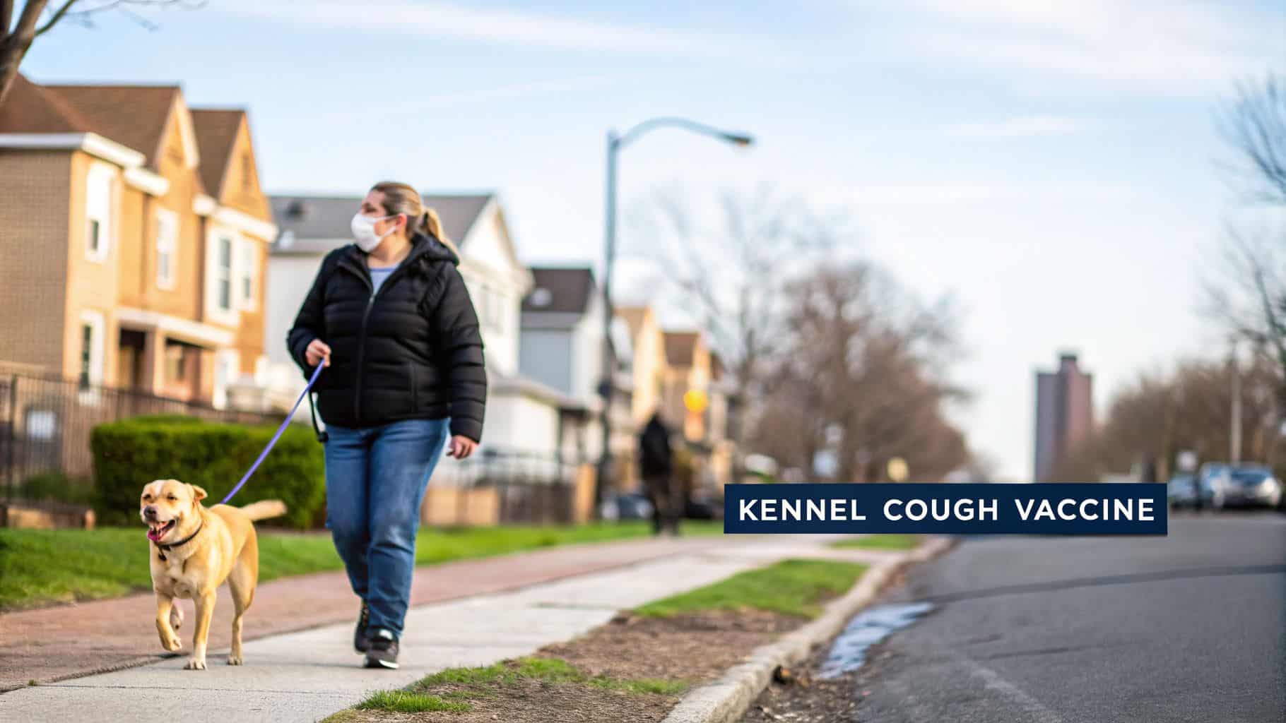 A masked woman walks her happy yellow Labrador dog on a leash down a residential street, with vaccine text overlay.