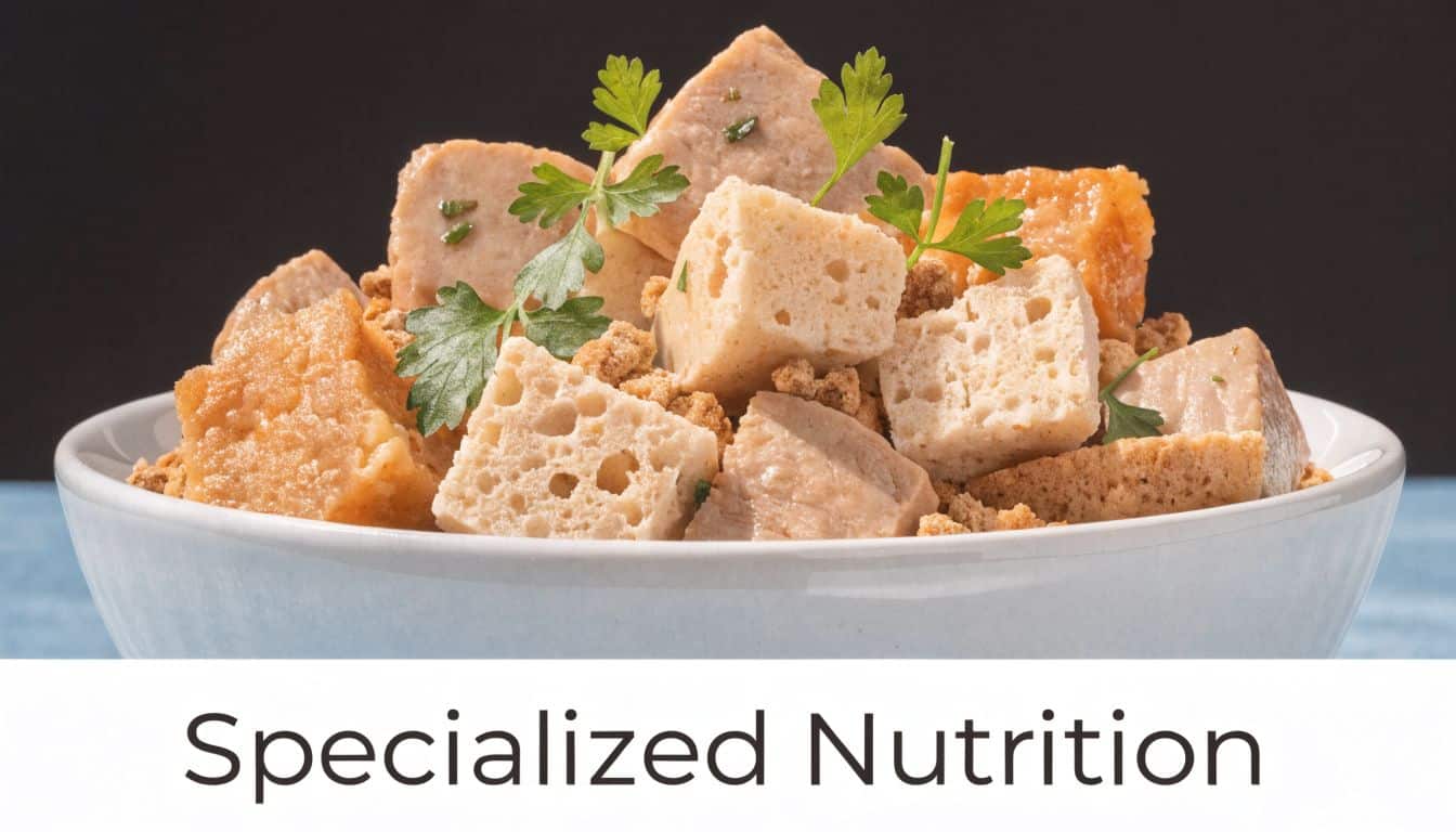 A close-up of high-quality specialized wet cat food served in a small white bowl with garnish.