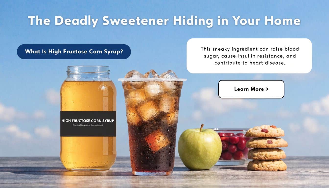 A glass jar of high fructose corn syrup next to a soda, apple, and cookies under text.