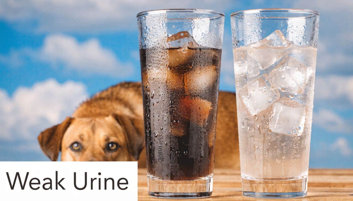 A dog watching two glasses of water, with one dark and one clear, labeled weak urine.