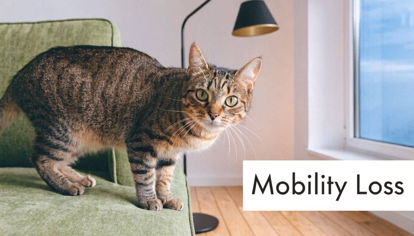 A brown tabby cat standing on a green armchair looking towards the camera with a serious expression.