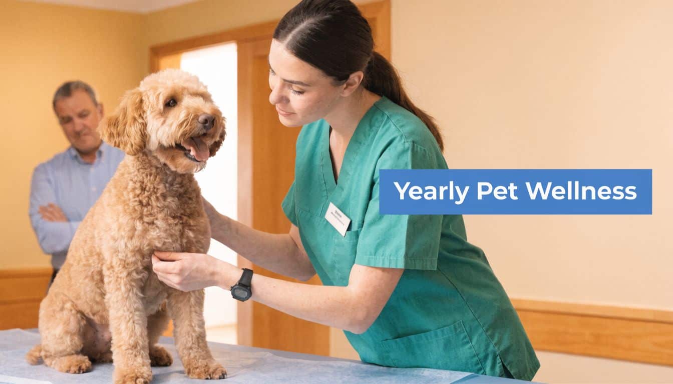 A veterinarian in green scrubs performs a routine physical examination on a friendly golden-brown labradoodle dog.