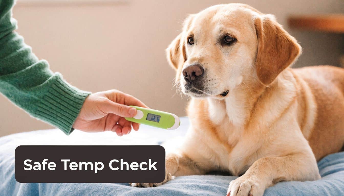 A person holding a digital thermometer near a calm golden dog, illustrating a safe temperature check.