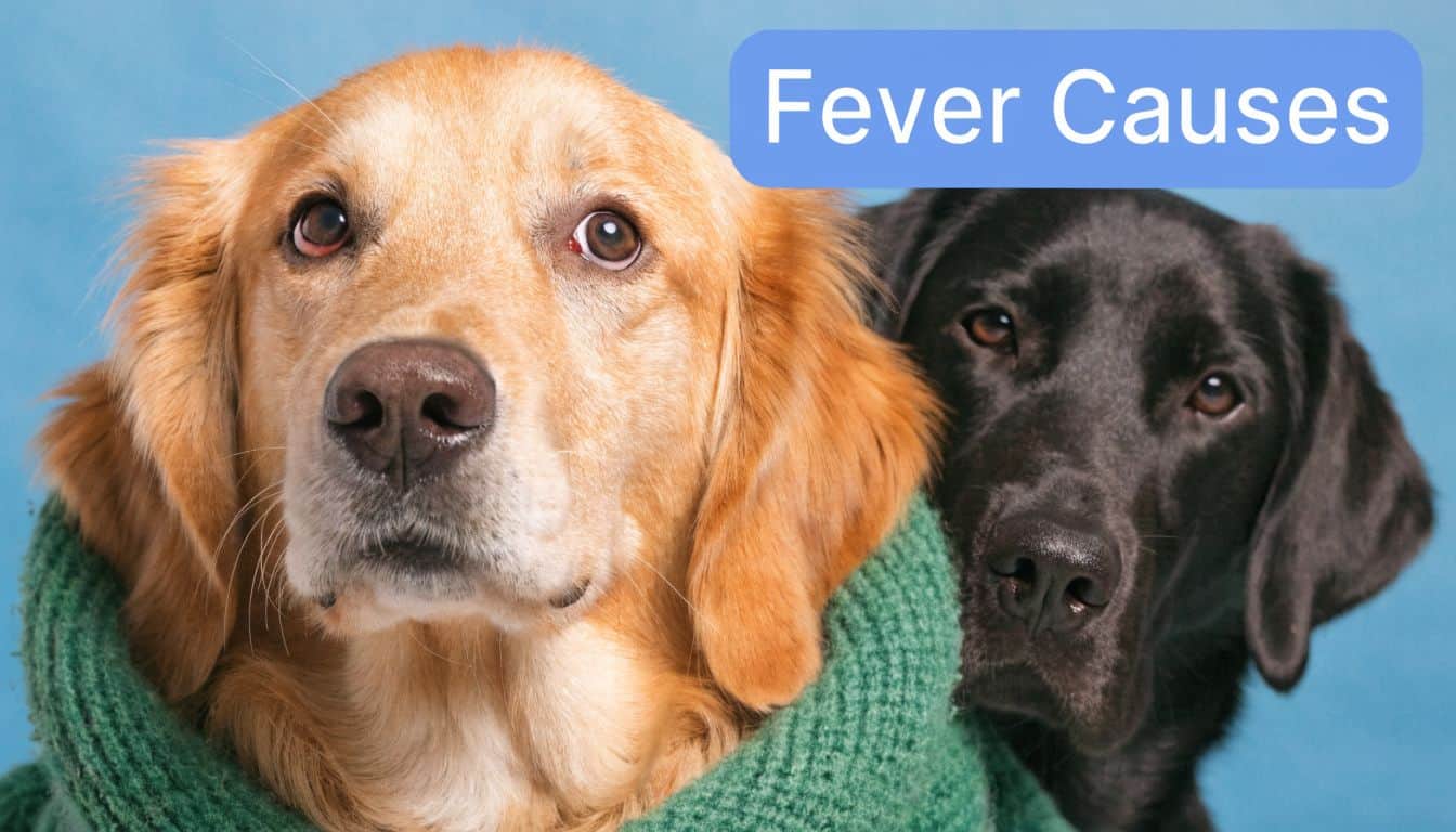 A golden retriever and a black Labrador retriever looking concerned, representing causes of fever in dogs.