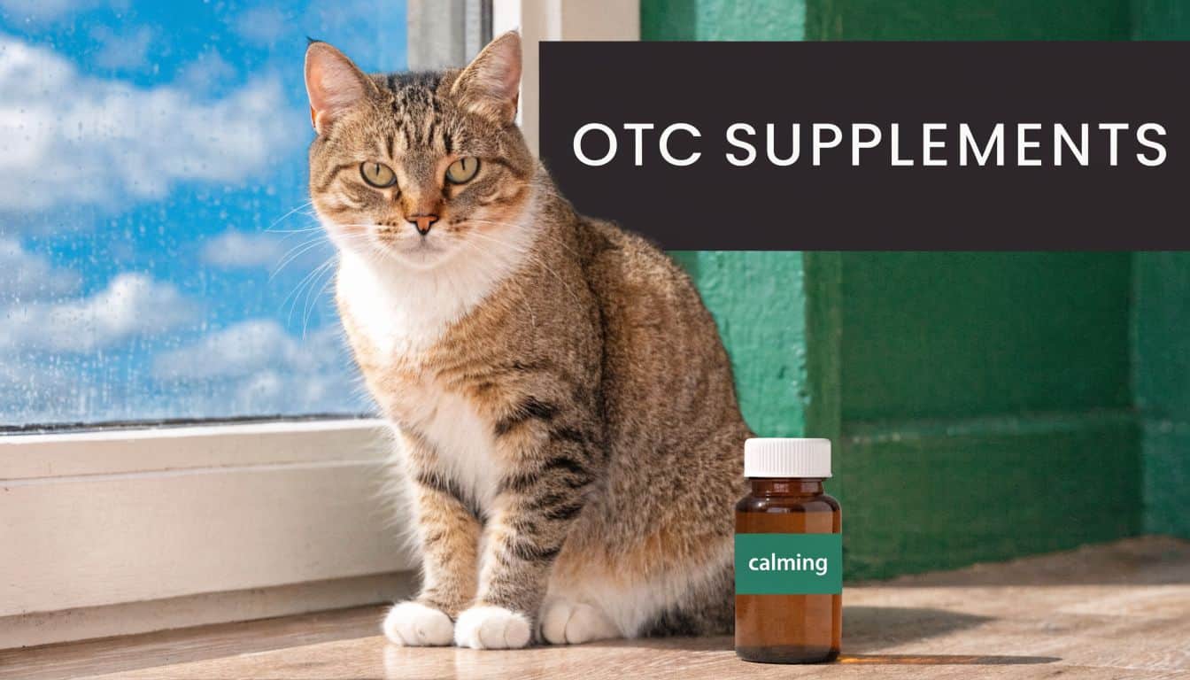 A tabby cat sitting next to a brown medicine bottle labeled calming on a wooden floor.