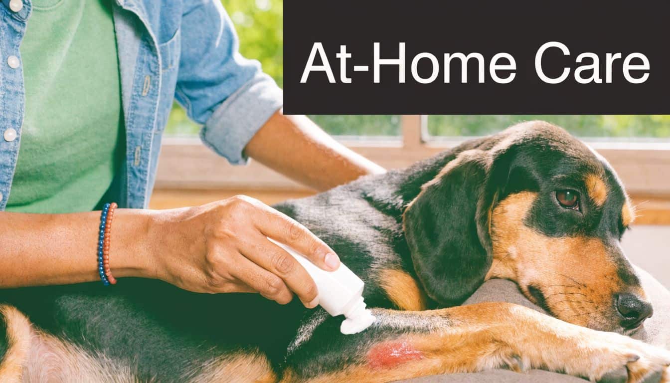 A person applying a cream to a red rash on their dog's leg at home.