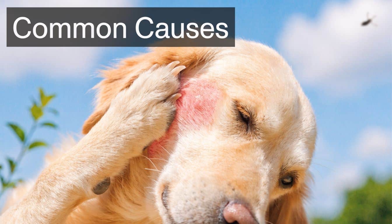 A golden retriever scratching a red, irritated patch of skin on its face, representing canine health issues.