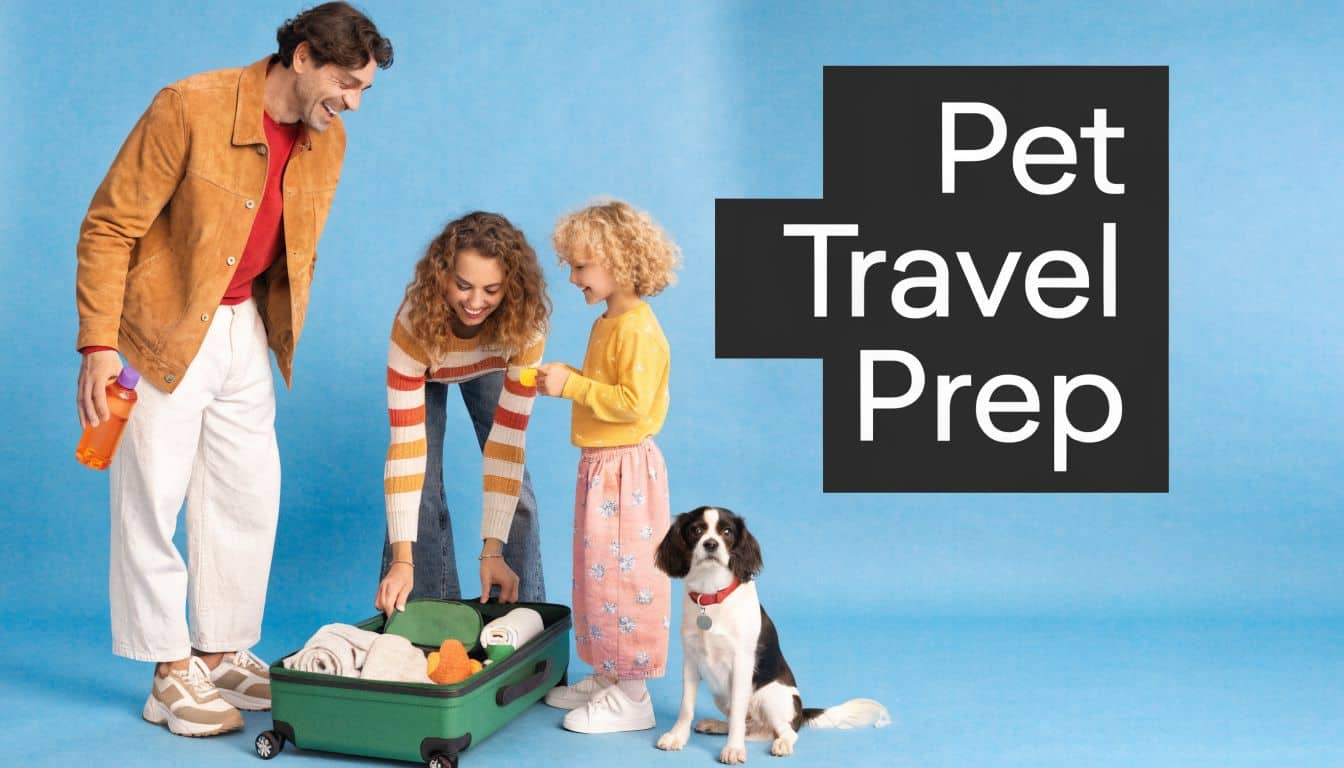 A happy family packing a green suitcase with their dog, preparing for a pet friendly vacation.
