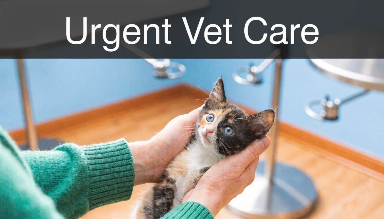 A person holding a small calico kitten in a veterinary office for urgent care checkup.