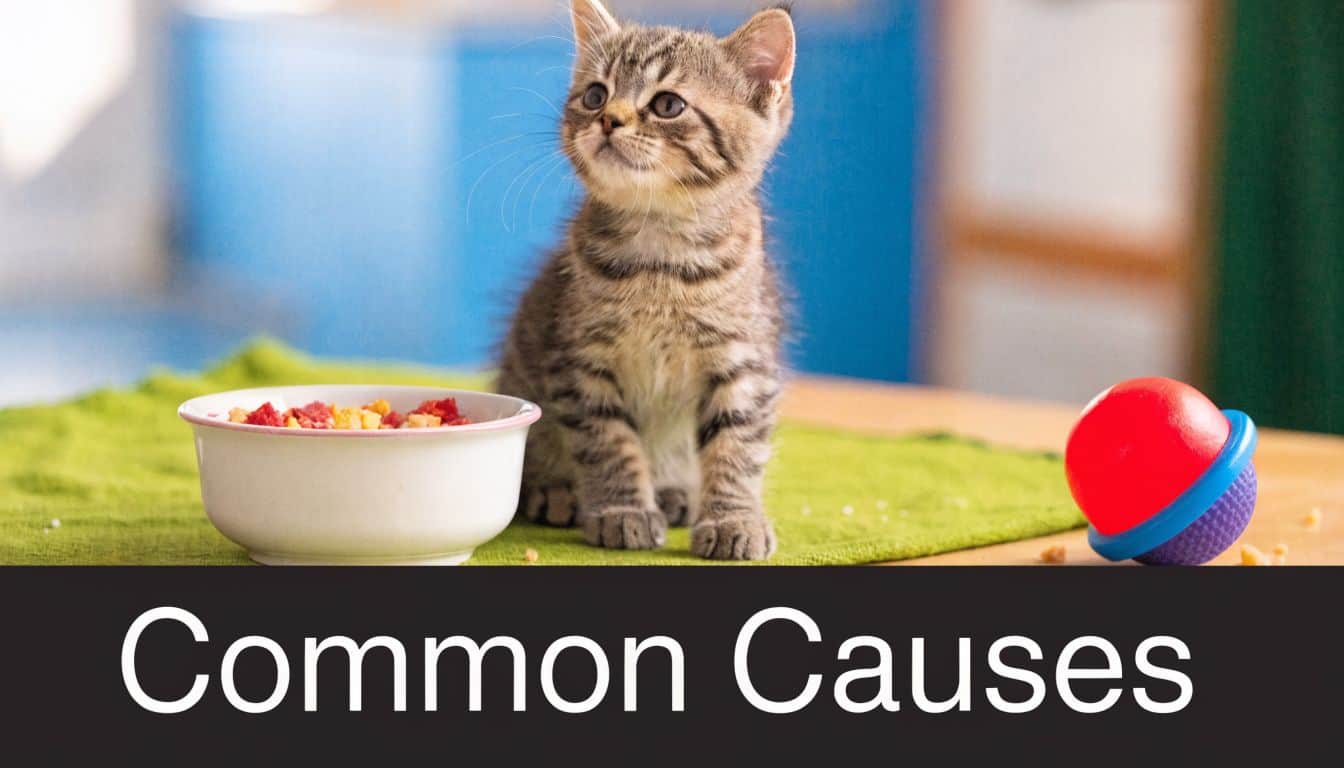 A cute tabby kitten sits next to a bowl of food and a ball on a table.