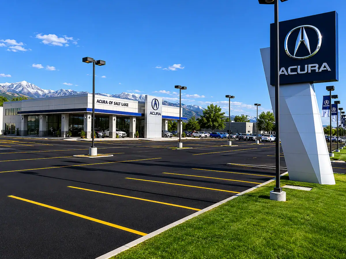 Fresh parking lot striping at Acura dealership in Utah with clean asphalt pavement markings